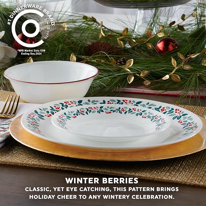 Corelle Vitrelle 18-Piece Christmas Service for 6 Dinnerware Set Triple Layer Glass and Chip Resistant Lightweight Round Holiday Plates and Bowls Set Winter Berries