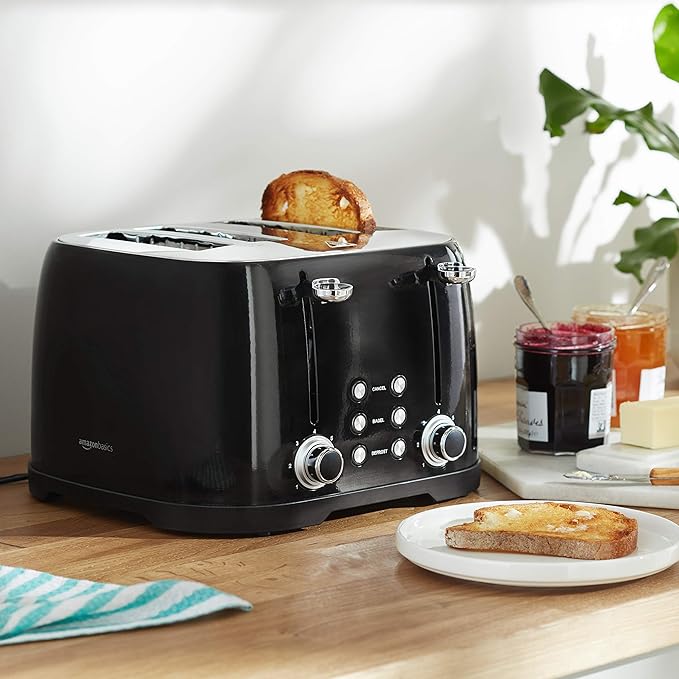 Amazon Basics 4 Slice Toaster 6 Browning Settings Removable Crumb Tray Bagel and Defrost Function Cancel Button 1600W Black