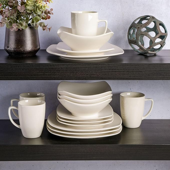 16-Piece Dinnerware Set White Solid Casual Square Porcelain 16 Piece Dishwasher Safe