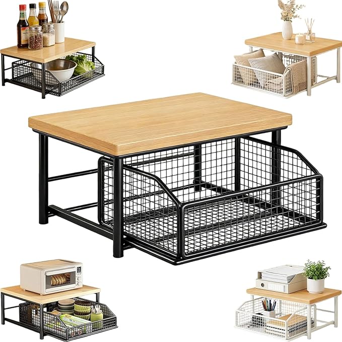 Kitchen Countertop Organizer with Drawer and Wire Basket 2-Tier Hardwood Shelf Space-Saving Storage for Microwave Coffee Maker Toaster Kitchenware (Monolayer-Black)