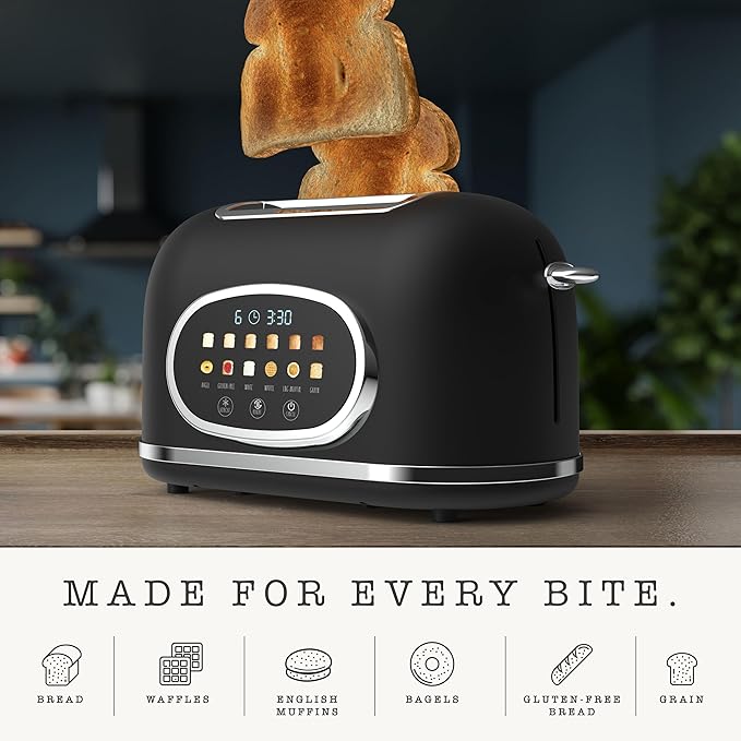 Rae Dunn Retro Digital Electric Toaster 2 Slice Stainless Steel Toaster With Touchscreen Countdown Timer 6 Shade Settings Wide Slots High Lift Lever Bagel Defrost &amp Reheat Digital Black