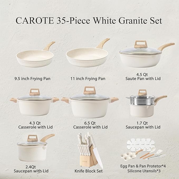 CAROTE ICE 35pcs Pots and Pans Set Nonstick Cookware Sets White Granite Induction Cookware with Kitchen Knife Set