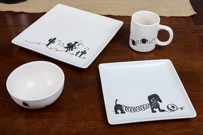 Toy Story 4-Piece Ceramic Dinnerware Set With Scribble Design - Cute Character Line Drawings - Beautiful Glazed White Square Dinner &amp Salad Plates With 16 Oz. Bowl &amp 11 Oz. Mug Place Setting