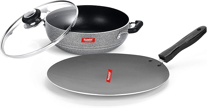 SUMEET Aluminium NonStick Air Head Cookware Set (Silver Kadhai with Glass Lid -2Ltr - 22Cm Diameter Conceive/Roti Tawa - 28Cm Dia)