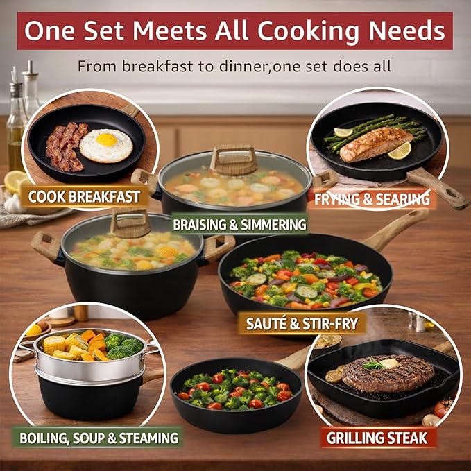 23-Piece Pots and Pans Set Non StickTitanium Ceramic Cookware Set Non ToxicLong-LastingPFAS FreeInduction CompatibleComplete Kitchen Set with 3 Frying Pans for All Cooking needs
