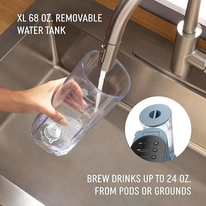 Ninja Pod &amp Grounds Specialty XL Single-Serve Coffee Maker K-Cup Pod Compatible Brews Grounds Compact Design Built-In Milk Frother 68-oz. Reservoir 6oz. Cup-24oz. Mug Sizes Denim Blue PB05