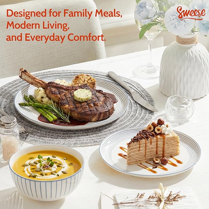 Sweese Lightweight Dinnerware Sets Plates and Bowls Set for 6 18 Pieces Stripe Dishes - Chip and Scratch Resistant Microwave and Dishwasher Safe Porcelain Dinner Sets Blue
