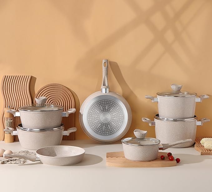 Lorren Home Trends 13-Piece Marble Coated Cookware Set Beige Non-Stick Pots and Pans with Glass Lids Includes 8-12 Inch Frypans Stock Pots Sauce Pot Casserole Pots