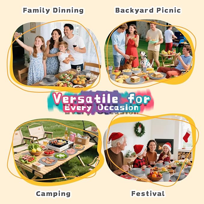 Wheat Straw Dinnerware Sets Plates and Bowls Sets 32 PCS Dinnerware Sets Service for 8 Unbreakable Reusable Plates Set Outdoor Kitchen and Apartment Dinning Essentials - Gray