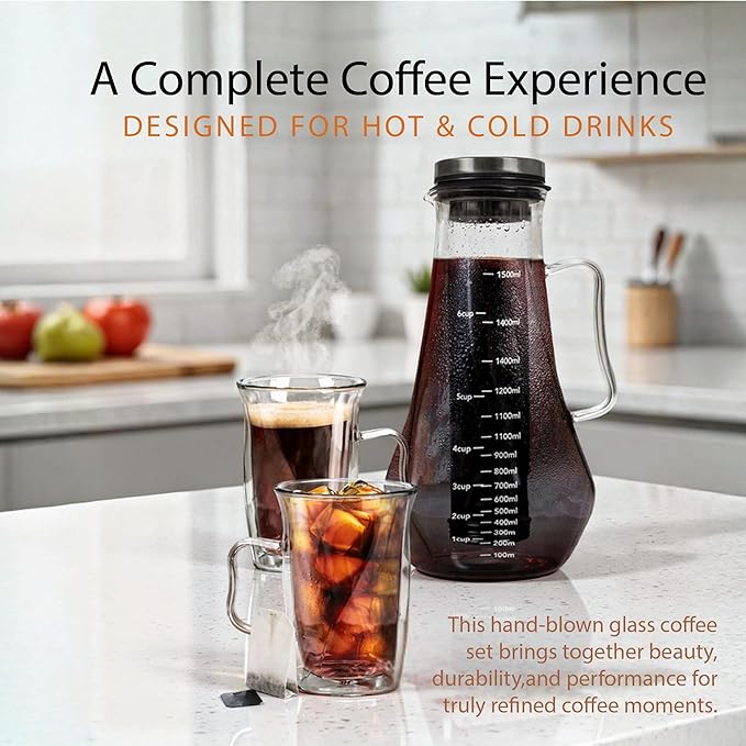 James Bentley Complete Cold Brew Coffee Set – Cold Brew Coffee Maker Glass for Hot and Cool Drinks Fridge Friendly — Glass Carafe Stainless Steel Infuser Double Wall Cups x2 &amp Cleaning Brush