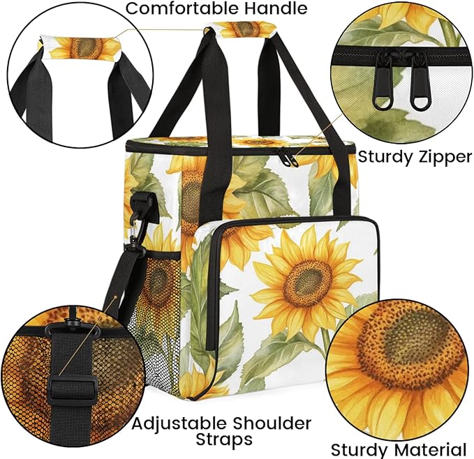 Yellow Flowers Coffee Maker Travel Bag Sunflower Insulated Grocery Bag Travel Picnic Leakproof Cooler Bags With Shoulder Strap