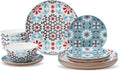 Lorren Home Trends Floral Bone China Dinnerware Set 12 Piece Service for 4 Blue Red Gray Pattern Dishwasher Microwave Safe