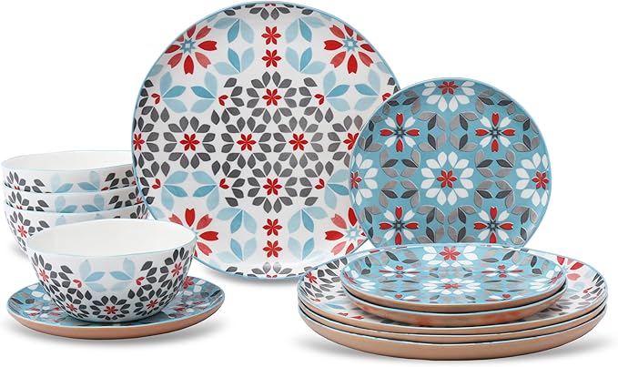 Lorren Home Trends Floral Bone China Dinnerware Set 12 Piece Service for 4 Blue Red Gray Pattern Dishwasher Microwave Safe