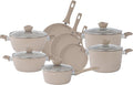Lorren Home Trends 13-Piece Marble Coated Cookware Set Beige Non-Stick Pots and Pans with Glass Lids Includes 8-12 Inch Frypans Stock Pots Sauce Pot Casserole Pots