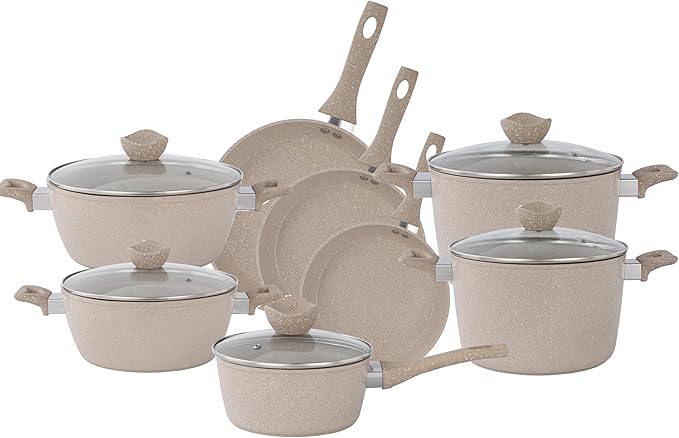 Lorren Home Trends 13-Piece Marble Coated Cookware Set Beige Non-Stick Pots and Pans with Glass Lids Includes 8-12 Inch Frypans Stock Pots Sauce Pot Casserole Pots