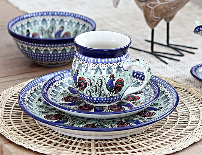 Blue Rose Polish Pottery - Blue Rooster Row 4 PC Place Setting - Service for 1-1 Place Setting - Great for Everyday Dining Casual Dining or as Formal Dinnerware