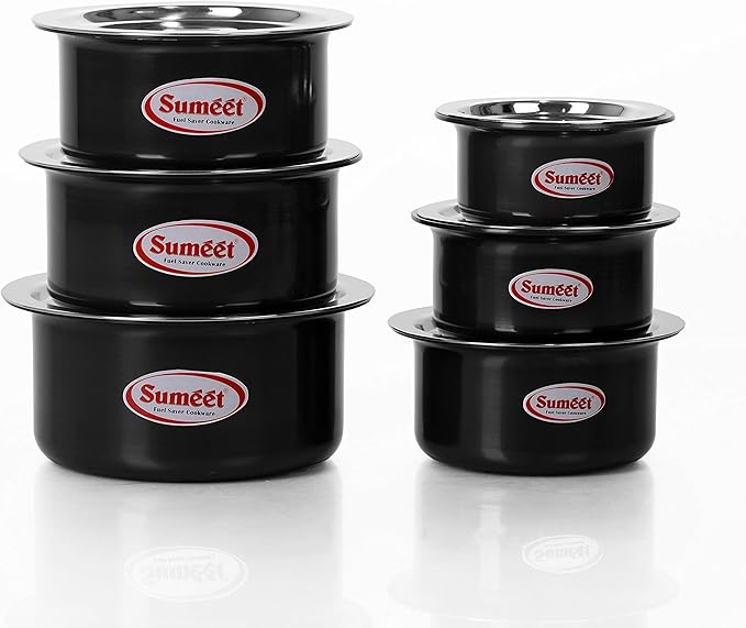 Sumeet Aluminium Tope Set 0.5L 0.9L 1.4L 1.8L 2.3L 2.9L 6 Piece (Black)
