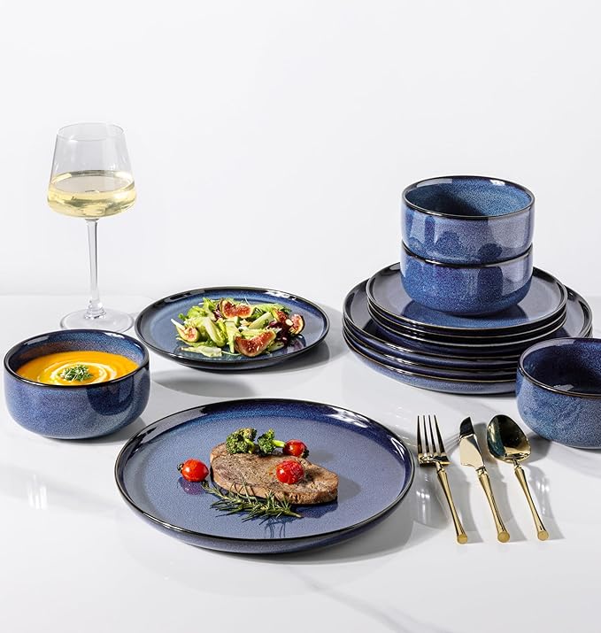 TheTerra Ceramic Dinnerware Sets for 4 12 Pieces Handmade Reactive Glaze Plates and Bowls Set Scratch Resistant Dish Set Oven &amp Microwave &amp Dishwasher Safe Blue