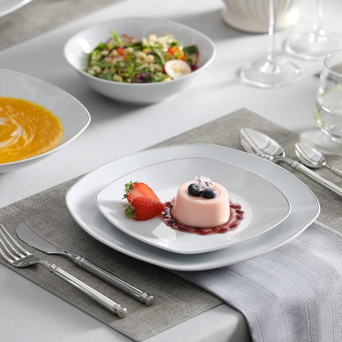 MALACASA Dinnerware Sets 24 Piece Porcelain Square Dishes White with Silver Rim Plates and Bowls Sets Ceramic Dish Set for 6 Chip Resistant Dishware Sets Series ELISA