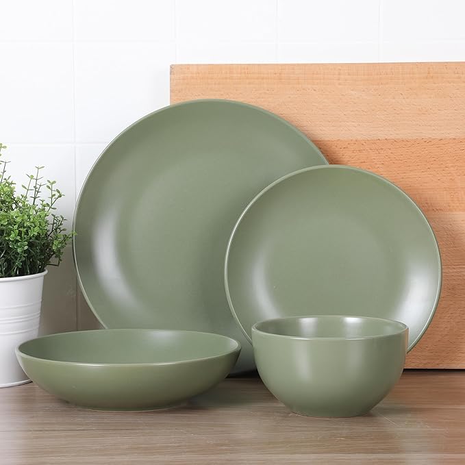 Gibson Home Queenslane 16-Piece Matte Green Stoneware Dinnerware Set – Double Bowl Plates and Bowls Durable Kitchen Dinner Set