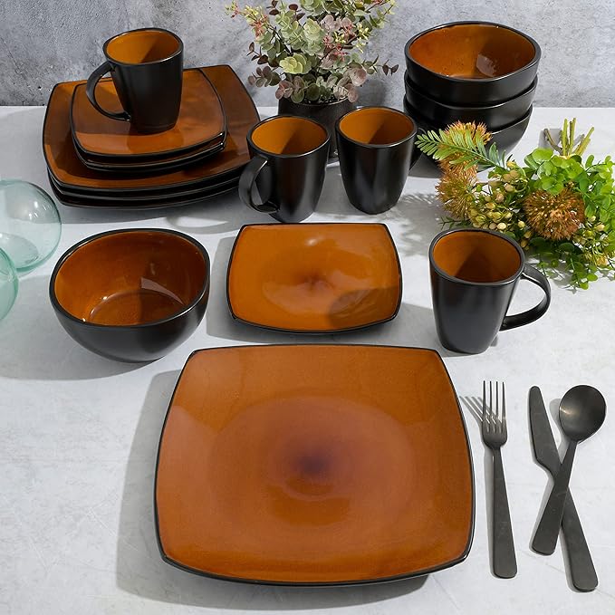 Gibson Elite Soho Lounge Square Reactive Glaze Stoneware Dinnerware Set Service for 4 (16pc) Amber