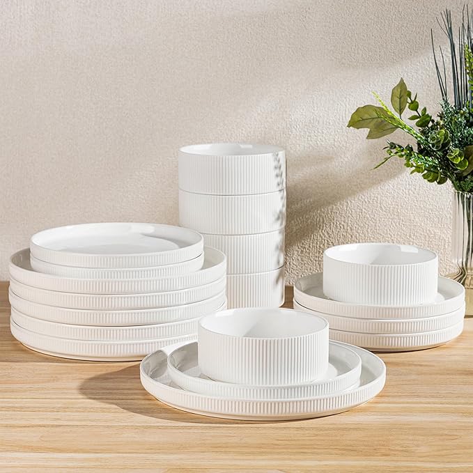 TheTerra Ceramic Dinnerware Sets for 6 18 Pieces Porcelain Lightweight Plates and Bowls Sets Scratch Resistant Dish Set Oven &amp Microwave &amp Dishwasher Safe Bright White