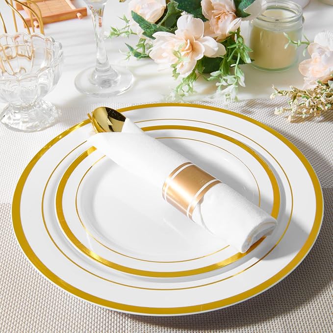 JollyPack 100 Piece Disposable Gold Plastic Party Plates Including 50 10 Inch Dinner Plates and 50 7 Inch for Dessert Great for Parties Weddings Home Use and Thanksgiving