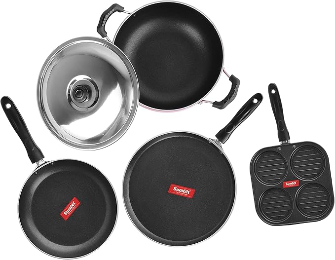 Sumeet 2.6mm Thick Non-Stick Rodze Cookware set (Dosa Tawa – 26.5cm Dia + Mini Multi Snack Maker – 19.5cm Dia + Kadhai With Lid – 1.5Ltr capacity- 20cm Dia + Tapper pan – 20cm Dia)