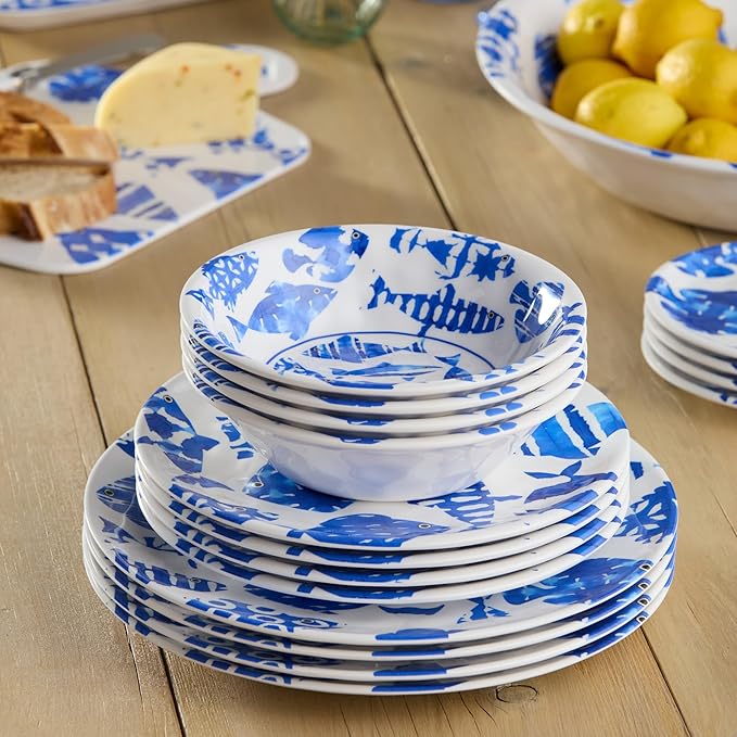 Fish Tale 12 Pc. MELAMINE DINNERWARE SET SERVICE for 4 – Cobalt Blue Fish School Outdoor Plates Bowls Shatterproof Coastal Dining Poolside Patio Entertaining Mediterranean Dreams for Every Meal