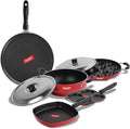 SUMEET Aluminium 2.6mm Thick Non-Stick Dearg Cookware Set (Red Dosa Tawa 26.5cm Dia Mini Multi Snack Maker 19.5cm Dia Kadhai with Lid 1.5Ltr Grill Appam Patra with Lid 23cm Dia Grill Pan 1.1Ltr)