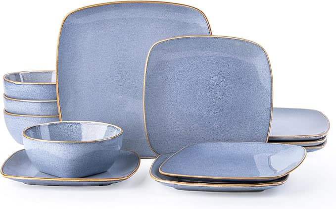 AmorArc Ceramic Dinnerware Sets for 4 12 Pieces Square Handpainted Plates and Bowls Set Chip and Scratch Resistant Stoneware Dishes Set Dishwasher &amp Microwave Safe Reactive Blue