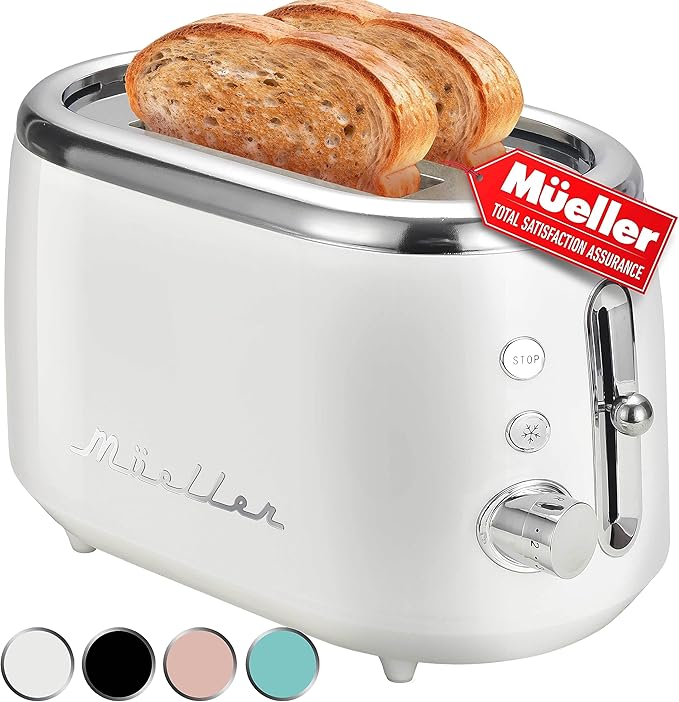 MUELLER HOME Retro Toaster 2 Slice 7 Browning Levels 3 Functions (Reheat Defrost Cancel) Stainless Steel Features Removable Crumb Tray Under Base Cord Storage White Toaster Kitchen Appliances