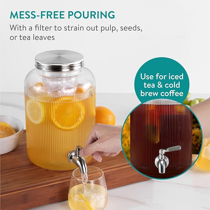 Navaris Glass Drink Dispenser with Tap - 4L (1 gal) Ripple Design Beverage Dispenser with Ice Insert &amp Fruit Infuser - for Cold Brew Coffee Cocktails Juice Water &amp other Drinks