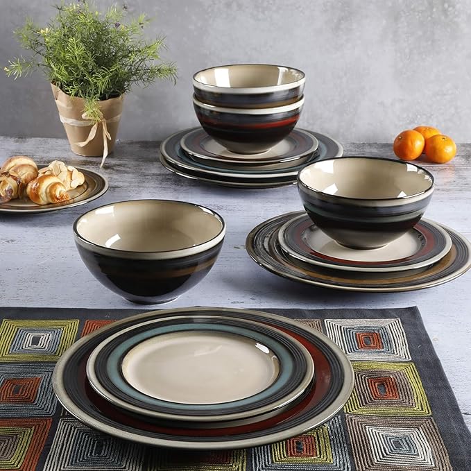 12-Piece Stoneware Dinnerware Set in Brown Modern Glazed Dishware Collection for Everyday Dining