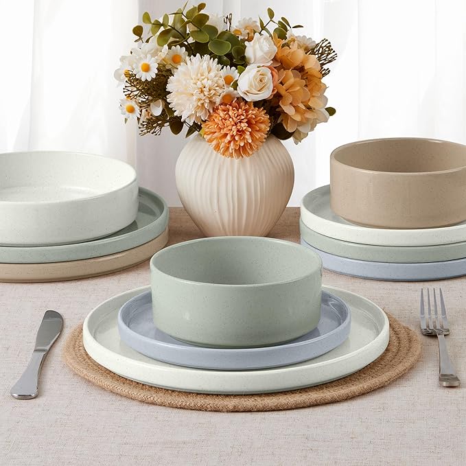 E-far Dinnerware Sets for 8 24-Piece Stoneware Plates and Bowls Dish Set Modern Kitchen Dinning Dishware Chip and Scratch Resistant Microwave &amp Dishwasher Safe Speckled Multicolor