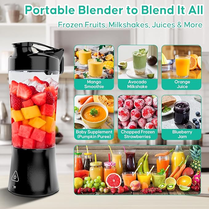 Portable Smoothie BlenderCordless Blender Bottle Electric24oz. VesselUSB-C Rechargeable portable juicer Electric Protein Shaker Bottles with Leakproof Lid Ideal for Shakes and Frozen Drinks