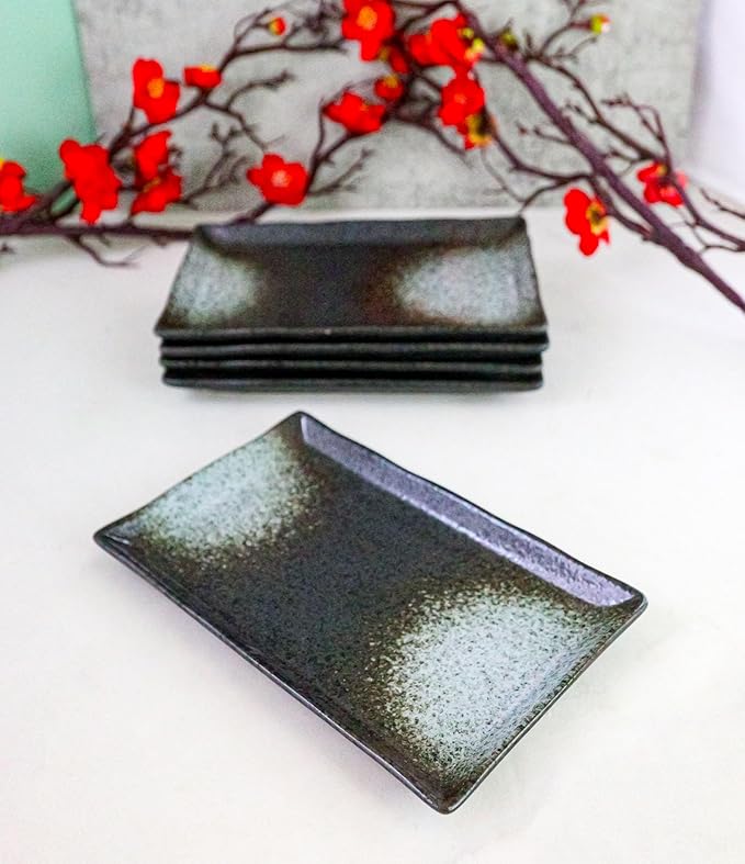 Ebros Gift Artistic Charcoal Grey Tone Hakumu Porcelain Collection Dinnerware Serveware Kitchenware Set Asian Japanese Restaurant Supply (Pack Of 5 Rectangular Sushi Plates 7.75 L)
