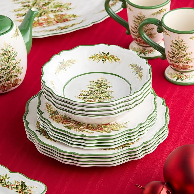 Holly Tree Holiday 12pc Dinnerware Set – Festive Melamine Plates and Bowls for Christmas Entertaining Indoor/Outdoor Use Break-Resistant and Dishwasher Safe