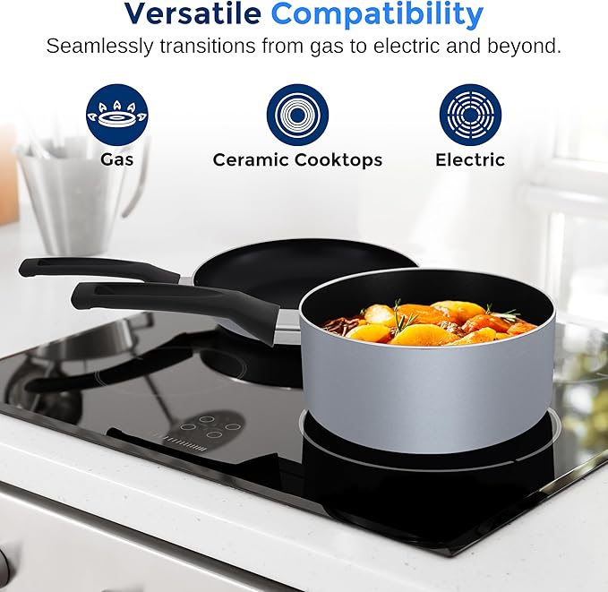 SereneLife Kitchenware Pots &amp Pans Basic Kitchen Cookware Black Non-Stick Coating Inside Heat Resistang Lacquer (11 Piece set) One Size Gray