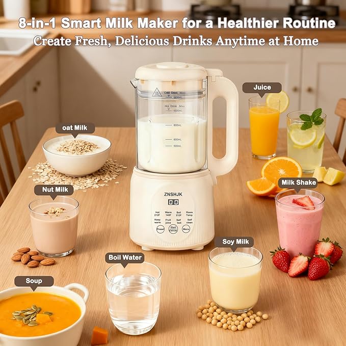 8-in-1 Nut Milk Maker 40oz Automatic Soy Almond &amp Oat Milk Machine for Homemade Plant-Based Drinks with delay start keep warm boil water &amp self-cleaning functions