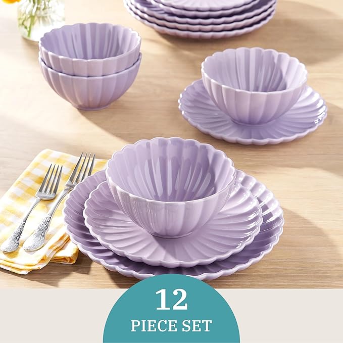 12 Pieces 4-person Set of Ceramic Tableware Including Plates Salad Plates Bowls Etc. with A Wave-shaped Design. Suitable for Daily Dining and Gatherings with Friends. Purple Tableware Set