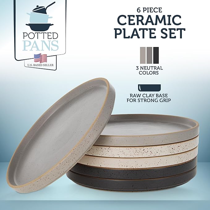 Ceramic Plates - 6 Piece Neutral Flat Porcelain Dish Set - 10.5in Modern Dishes with Lipped Edge for Everyday Kitchen Use - Oven Dishwasher and Microwave Safe Ceramic Dinnerware Sets