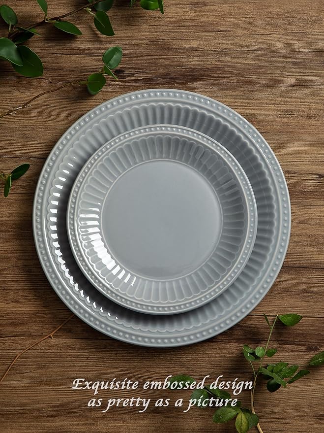 Famiware Garden Plates and Bowls Set for 6 18-Piece Kitchen Dishes Dinnerware Set - Microwave and Dishwasher Safe Scratch Resistant Reactive Glaze and Embossed Stoneware Tableware Bluish Grey