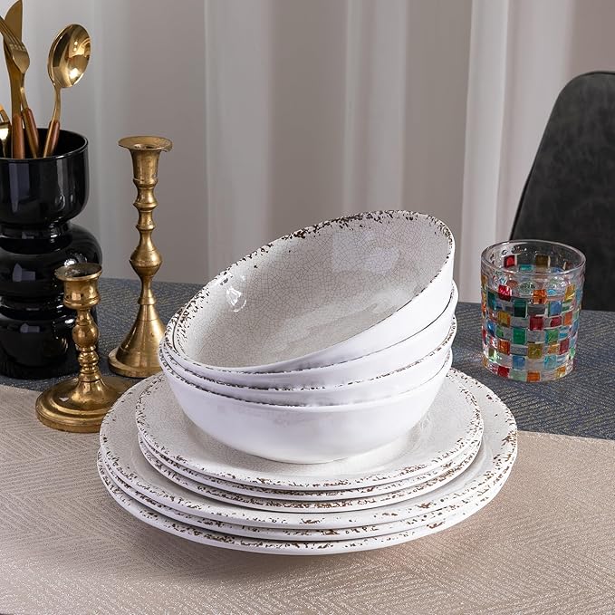 Farmhouse Melamine Dinnerware Sets12 Pieces Dishes Dinnerware SetService for 4 Lightweight Kitchen Plates and Bowls Sets Great for Casual dining and Outdoor Parties Camping or RVs White