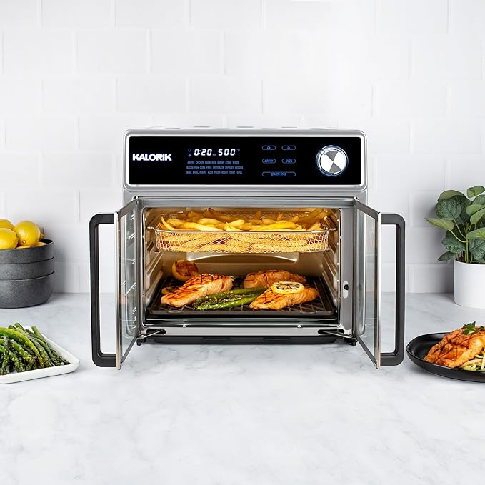 Kalorik Air Fryer Oven Grill MAXX Series 26-Quart with Smokeless Sear Technology Digital Controls Easy-View Door and 22 Smart Cooking Presets Includes Cooking Accessories 1700-Watts Stainless Steel