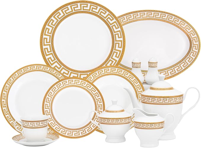 Dinnerware Set in Gold and White Fine Porcelain for Every Day or Formal Occasions Tableware Setting 57 Pieces Service for 8
