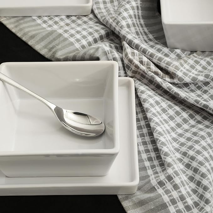 Stone Lain Grace Square Stoneware Dinnerware Set 12 Piece Service For 4 Plates and Bowls Dish Set White