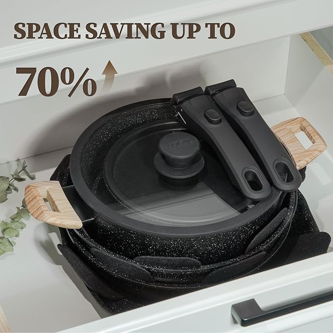 23Pcs Ceramic Cookware Set Non Stick Pots and Pans Set Non Toxic with Detachable Handle Induction Kitchen Cookware Set Space Saving Oven &amp Dishwasher Safe Black