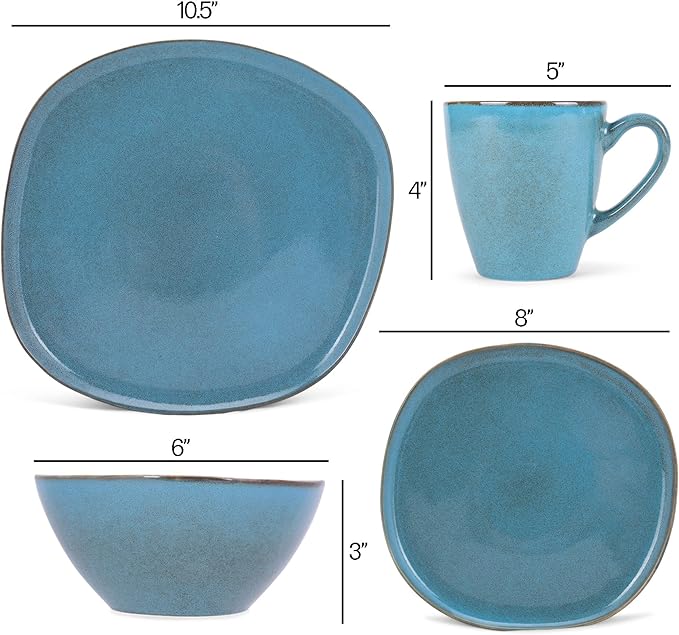 Elanze Designs 16-Piece Modern Luxury Chic Smooth Vintage Handmade Shape High Gloss Ceramic Stoneware Square Plate Mug &amp Bowl Kitchen Dinnerware 16 Piece Set - Service for 4 Turquoise