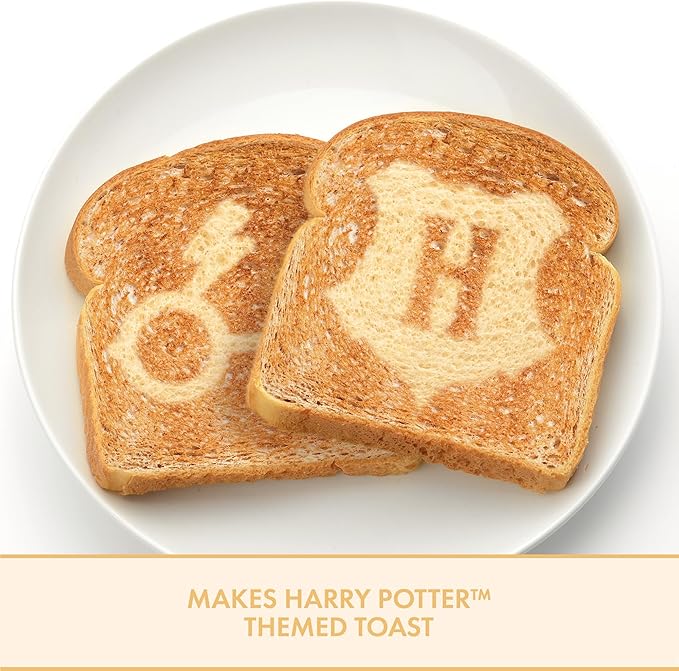 Warner Brothers Harry Potter 2-Slice Toaster by Select Brands Imprints Hogwarts Crest and Harry Potter Glasses on Toasted Bread Black and Gold WBH-26TS